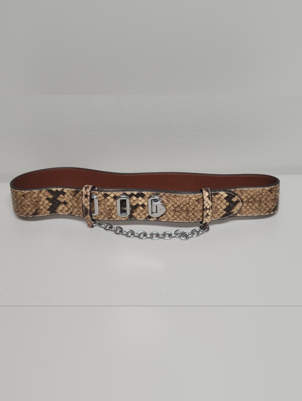 Lauren Ralph Lauren Snake Print Tan Leather Logo Belt Size Small.